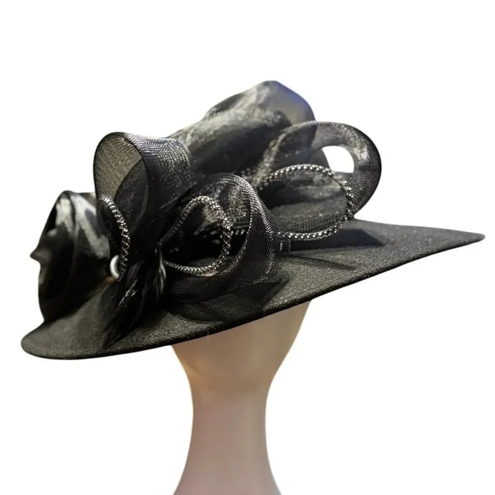 Black Felt Swinger Hat with Crinoline Trim by Swan Hat Co, New York Vintage - Picture 2 of 6